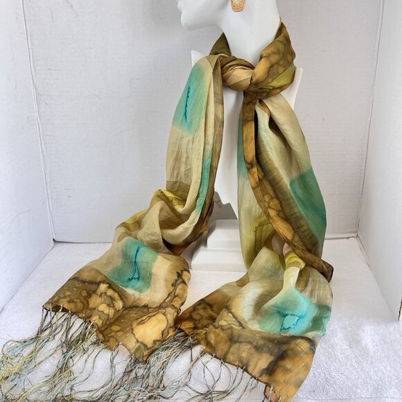 Hand Dyed Scarf Green Ombre Abstract Silk Rayon 70s Batik Vibe - Picture 5 of 9